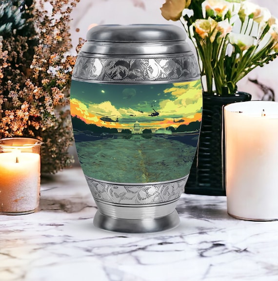 Military Cremation Urn for Human Ashes with Helicopter Scene, 10" Memorial Urn with 3" Keepsake Urn for Adult Ashes Keepsake, Personalized