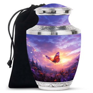 Sunset Butterfly Urn for Human Ashes - Artistic Memorial Urn with Velvet Bag, Decorative Funeral Urn, Custom Urns, Keepsake Ashes Container