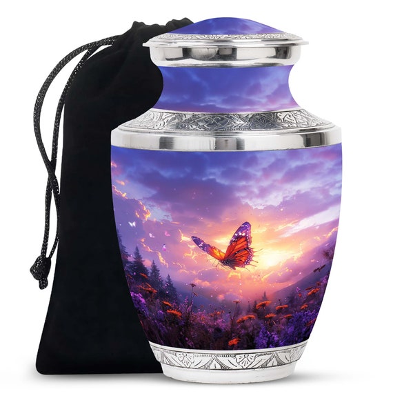 Sunset Butterfly Urn for Human Ashes - Artistic Memorial Urn with Velvet Bag, Decorative Funeral Urn, Custom Urns, Keepsake Ashes Container