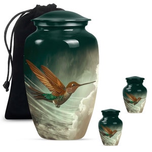 Durable aluminum urn with nature-inspired hummingbird artwork.