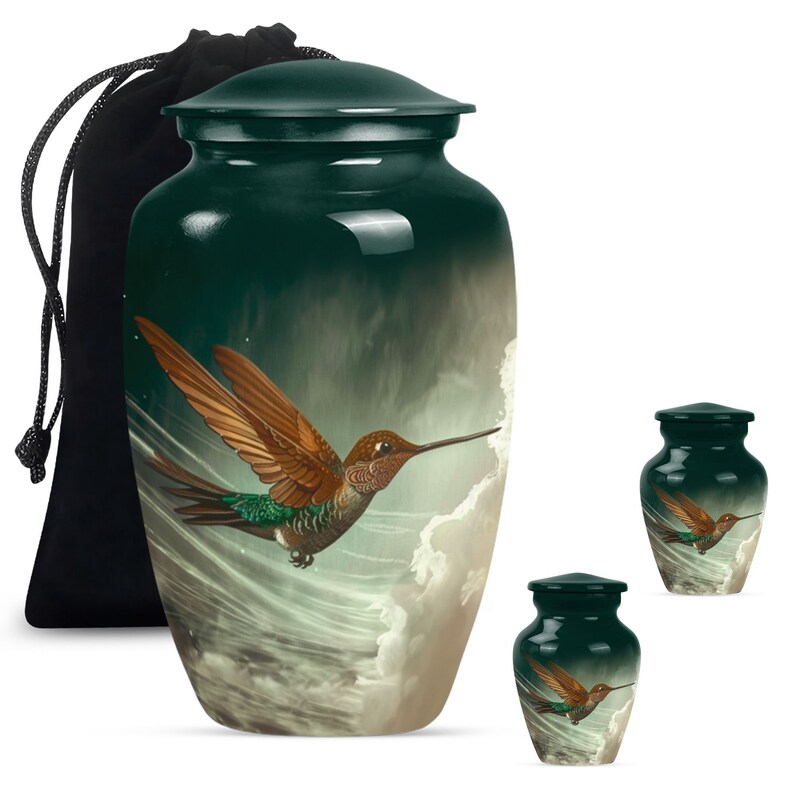 Durable aluminum urn with nature-inspired hummingbird artwork.