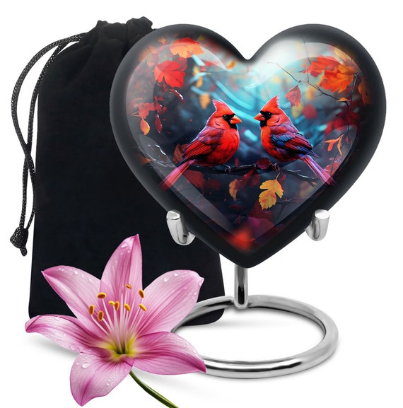 Heart-Shaped Black Urn with Cardinal Bird, Artistic and Decorative Nature Scene Urn, Cremation Urn with Stand, Keepsake Urn for Human Ashes