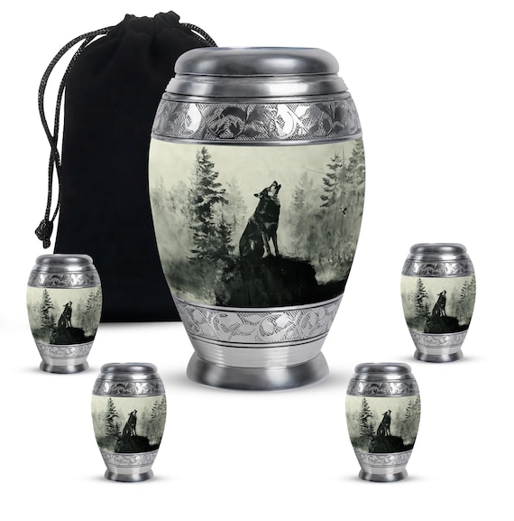 Elegant Wolf Howling Forest Scene Urn for Human Ashes, Decorative Cremation Urn, Customizable Ashes Keepsake & Standard Sizes, Memorial Urn