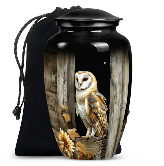 Barn Owl Memorial Urn for Ashes - Beautiful Owl and Sunflower Design Personalized Barn owl Urn for Human Ashes Custom urn for Adult Ashes