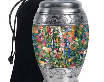 Colorful Floral Garden Cremation Burial Urn for Ashes, Decorative Urns for Human Ashes, Funeral Keepsake Urn for Adults