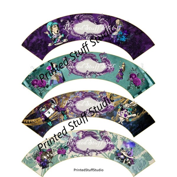 Printable Alice In Wonderland Cupcake Wrappers Set of 4 Digital Download