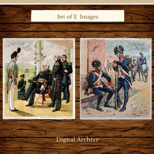 May include: A set of two vintage-style color illustrations featuring military figures. The left image shows officers in formal uniforms, while the right depicts soldiers in field gear. Both prints include the text J & P Coats Spool Cotton.