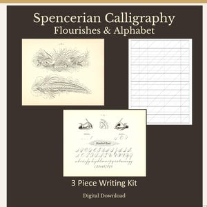 May include: A 3-piece writing kit digital download titled Spencerian Calligraphy Flourishes & Alphabet. It includes a page with bird and feather flourishes, a page with a slanted grid guide, and a page showing hand positions and the alphabet.