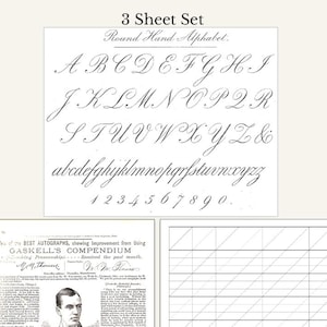 May include: A three-sheet set featuring calligraphy practice sheets. The top sheet displays the round hand alphabet in uppercase and lowercase, along with numbers. The second sheet includes examples of autographs and text. The third sheet has diagonal guidelines for practice.