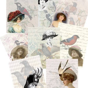 Papéis Senhoras e pássaros vitorianos Ephemera Junk Journal Pages Cartões digitais Cartões vintage para impressão, etiquetas Recorte retrô