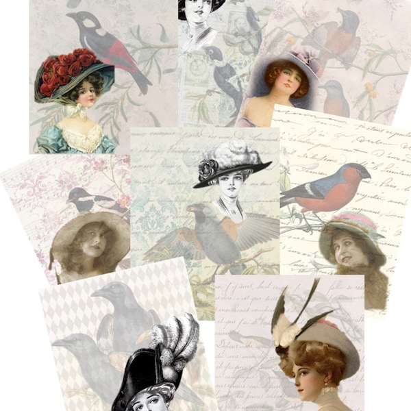 Papers Victorian Ladies and Birds Ephemera Junk Journal Pages Digital Cards Printable Vintage Cards, Tags Scrap Retro