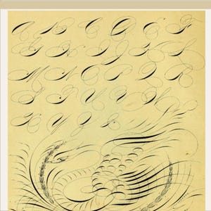 May include: A vintage calligraphy practice sheet featuring the alphabet in elegant cursive script. The letters are rendered in black ink on a cream-colored paper, with decorative flourishes at the bottom. A classic example of penmanship.