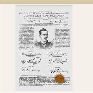May include: An old advertisement for Gaskell's Compendium, showcasing handwriting improvement. It features a portrait and handwriting samples. The text promotes penmanship and includes examples of signatures. The paper has an aged appearance.