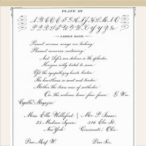 May include: A vintage calligraphy plate with the title "PLATE III." features cursive alphabet examples and a poem titled "Ladies Hand." The text includes addresses for Miss Ella Wellsford and Mr. P. Isaac, and the magazine "Capella's Magazine!"