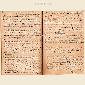May include: Open book pages with handwritten text from the 1890s. The aged paper has a beige tone, with dark brown ink. The text is in cursive, with a title at the top that reads "Authentic 1890s Handwriting."