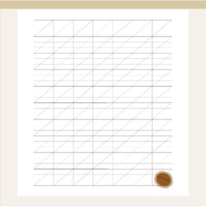 May include: A white calligraphy practice sheet featuring a grid pattern of diagonal and horizontal lines in light grey. A small, brown circular logo is in the bottom right corner.