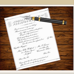 May include: A black fountain pen with gold detailing lies on a white sheet of paper featuring handwritten calligraphy. The paper includes the text "Ladies Hand" and a poem. The background is a dark wood grain.