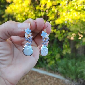 Teardrop Pearl Dangle Earrings: Opal Tanzanite Cluster, 14K Gold Filled, Artisan Handmade