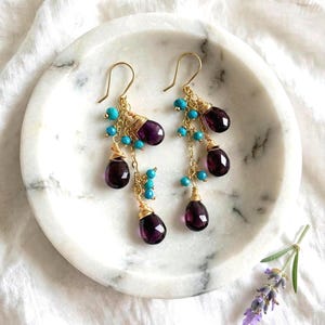 Long Amethyst and Turquoise Dangle Gold filled Statement Earrings, Purple Teardrop Briolette