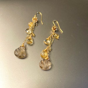Gold Rutilated stone, citrine, topaz and tundra sapphires in cluster gemstone earrings, Add a little sparkle in your summer