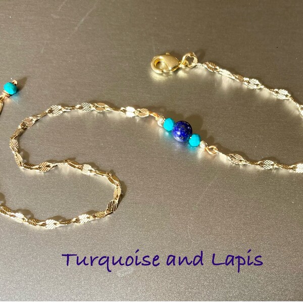 Custom Natural tiny faceted gemstones in 14K gold plated embossed Lip Chain Anklet, 14K Glitter/sequin Chain Anklet, Dainty yet sturdy