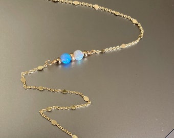 Gemstone /14K real gold plated or rose gold plated chain anklet with shiny sequin patches, Pink, Blue, white Opal anklet, dainty gold anklet
