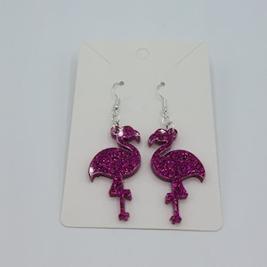 Dark Pink Glitter Flamingo Dangle Earrings