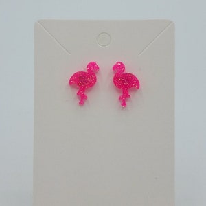 HOT Pink Glitter Flamingo With Silver Hypoallergenic Studs (Glows in UV light)
