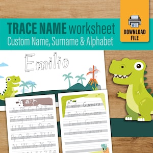 Práctica de rastreo de nombres personalizados / Dinosaurios / Escritura a mano / Rastrear hojas de trabajo personalizadas / Alfabeto & Rastro de número / Homeschooling / Preescolar