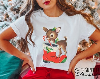 Retro Christmas Shirt Vintage Christmas TShirt Reindeer Shirt Cute Christmas Tees Holiday Xmas Shirt Retro Tee Christmas Party Tee PJ Top