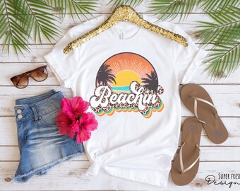 Beachin' TShirt, Retro Sunset, Leopard Print, Retro Rainbow, Beach Shirts, Beach Vacation Shirt, Girls Trip, Vacay Shirts, Cute Beach Tee