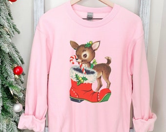 Retro Christmas Sweatshirt Vintage Christmas Pink Christmas Sweater Reindeer Shirt Christmas Gifts Womens Christmas Cute Christmas Shirts