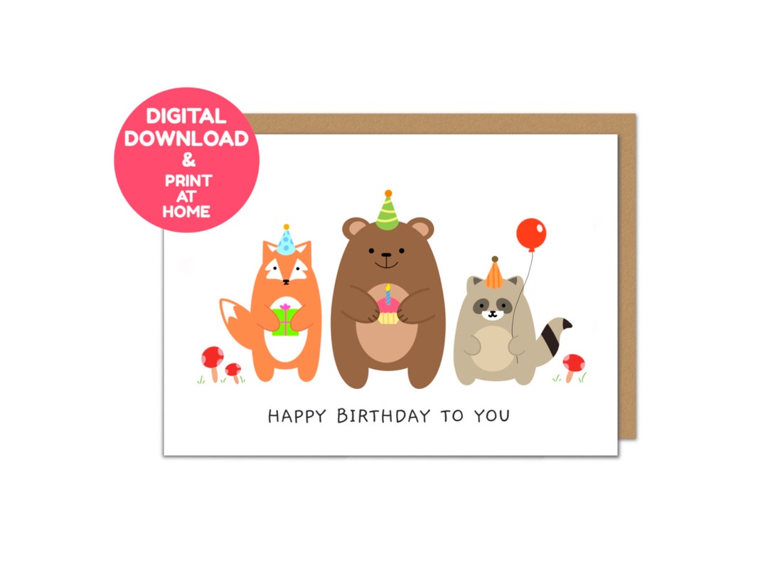 DOWNLOAD & PRINT at Home Card Cute Woodland Critters Birthday Etsy