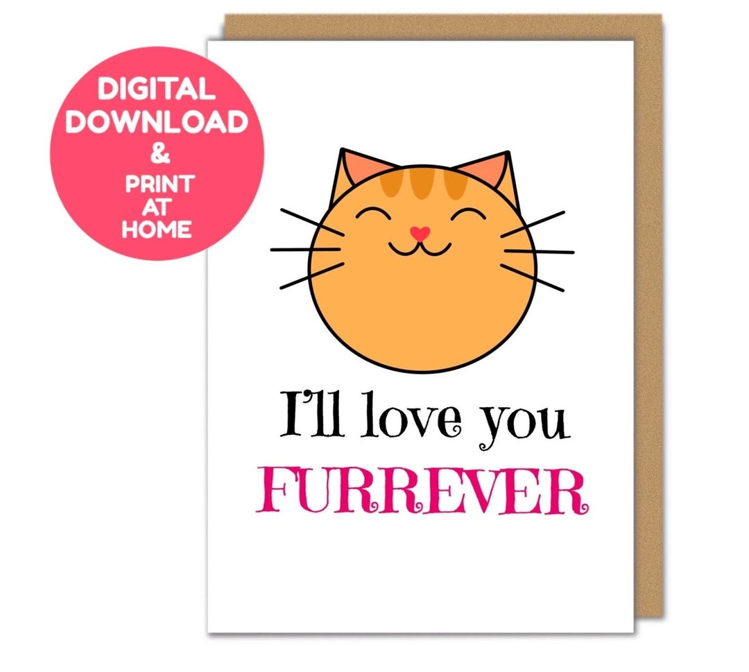 DOWNLOAD & PRINT at Home Card Instant Download Cute Cat Card Etsy