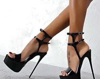 Black Platform Stiletto Heel Shoes, Black Patent Leather Sandals, Ankle Strap Open Toe High Heel Shoes, Platform Heel Shoe, Mothers Day Gift