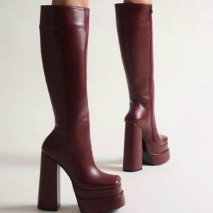 Platform Knee High Boots with Block Heel in Glossy Statement Style