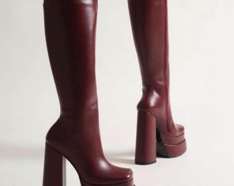 Platform Knee High Boots with Block Heel in Glossy Statement Style