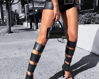 Black Cut Out Knee High Platform Boots with High Heel