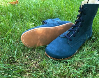 Handmade Nubuck Leather Barefoot Boots: Wide Toe, Soft Navy Boots
