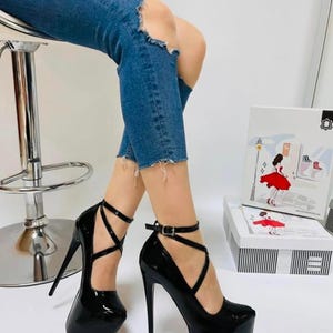 Black Platform Heels with Cross Ankle Strap – Ultra High Stiletto Pumps for Night Out, Drag, Fetish Fashion & Clubwear - Gifts For Her
