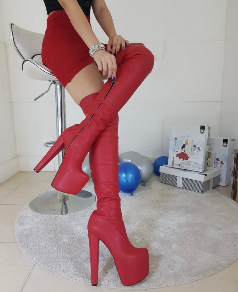 Red Over The Knee Bootred Over The Knee Platform Thick Heel Bootsred High Heeled Boots