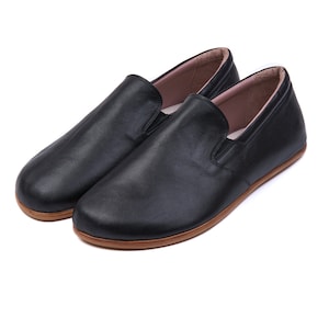 Black Leather Barefoot Shoes: Handmade Grounded Slip-On