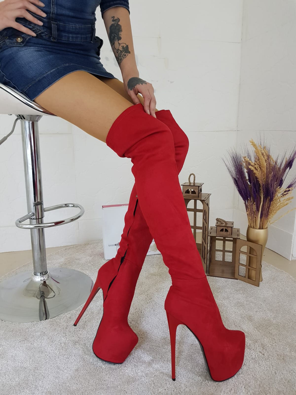 Red Lace Up Thigh High Heels | tunersread.com