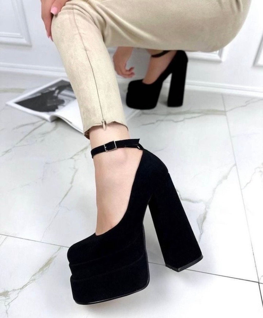 Black Platform High Heel Shoes: Ankle Strap Evening Shoes