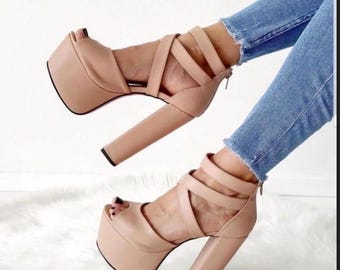 Nude Platform Strappy Heels, Leather High Heel Sandals for Night Out or Party or Daily Looks