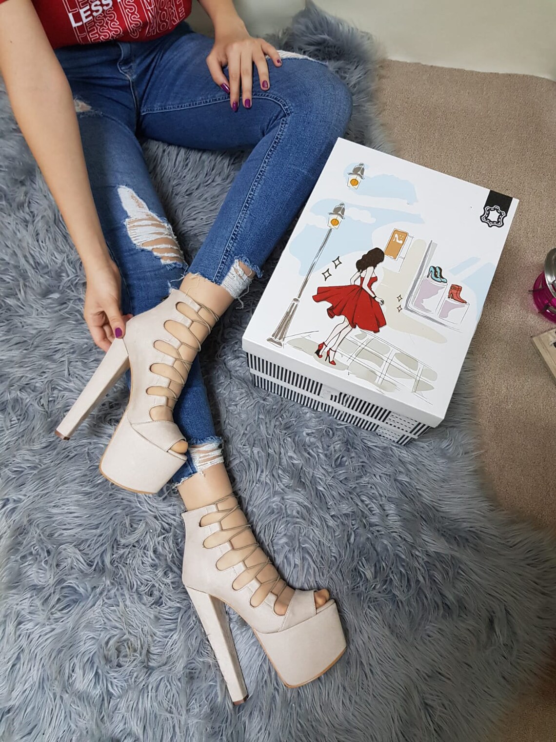 Cream Evening Shoes Cream Knitting Pattern Thick Heel Etsy