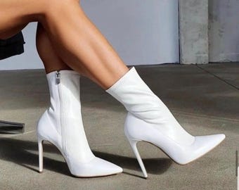 White Stiletto Heel Ankle Boots: Stretch Fit,Handmade Bridal Heels
