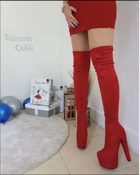 Red Leather Thigh High Boots