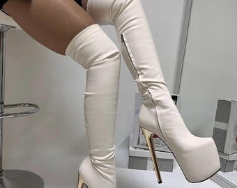 White Over Knee Platform Boots with Gold Block Heel, Statement High Fashion Footwear