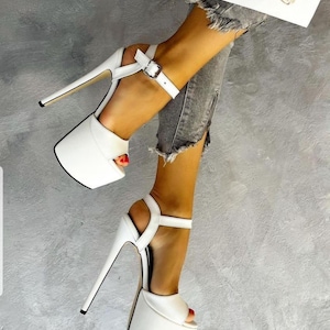 White Strappy Evening Shoes, White Platform Stiletto Heel Shoes, White High Heel Shoes, Gifts For Her